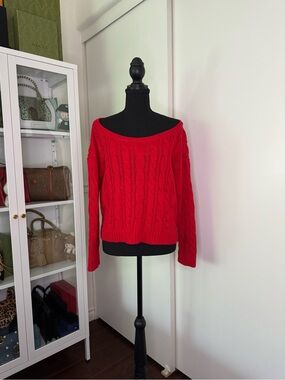 Abercrombie & Fitch Red Cable-Knit Off-Shoulder Sweater